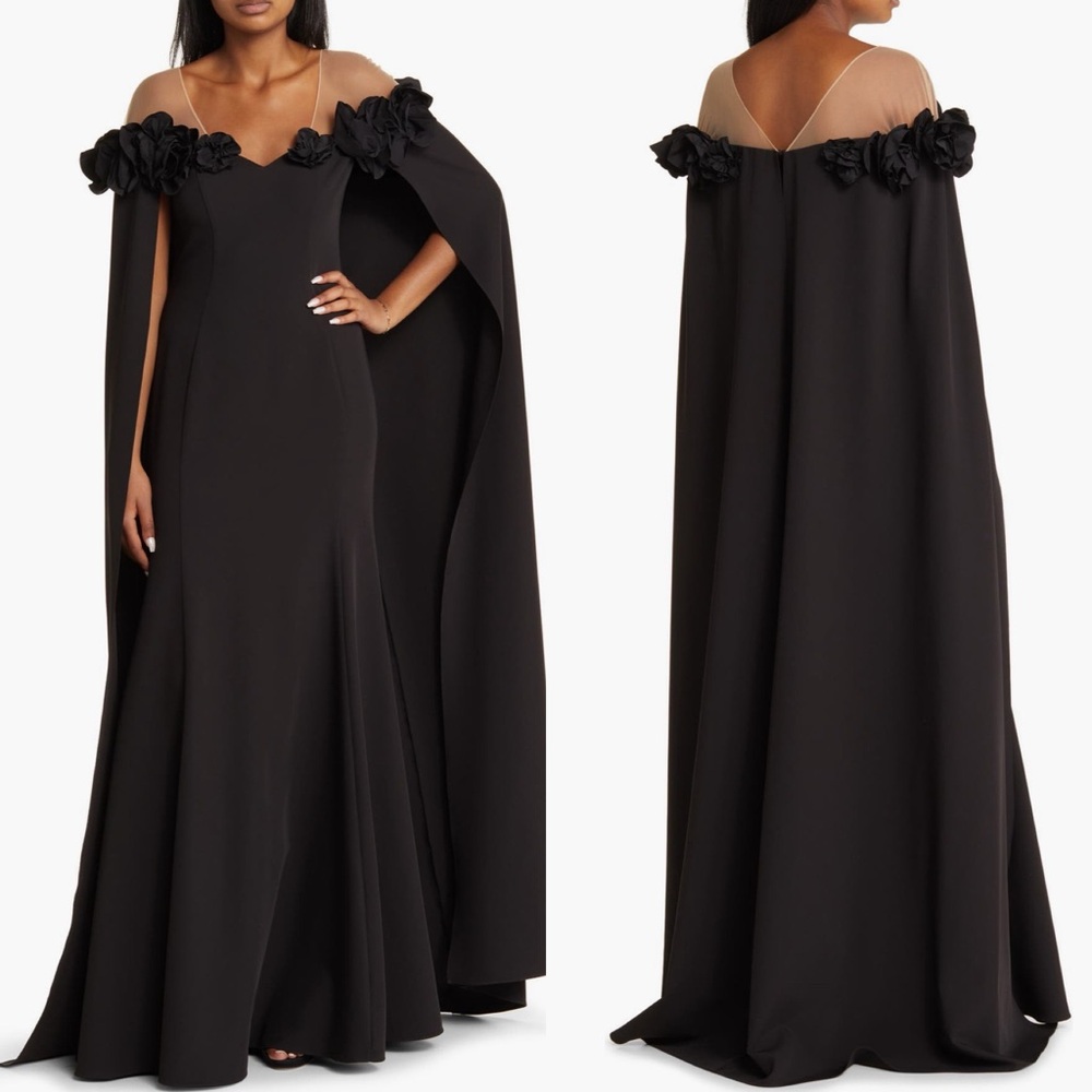 Marchesa Notte Flower Detail Illusion Shoulder Cape Gown